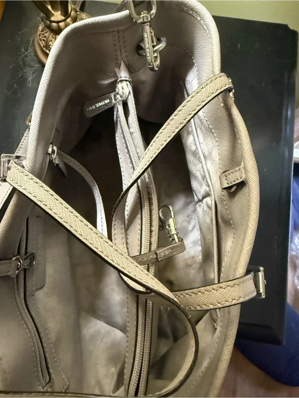 Michael Kors Light Taupe Saffiano Shoulder Tote with MK Charm